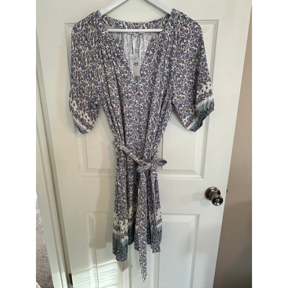 LOFT -‎ MED-NWT Womens Floral Print Tie Waist Short Sleeve Dress Blue White